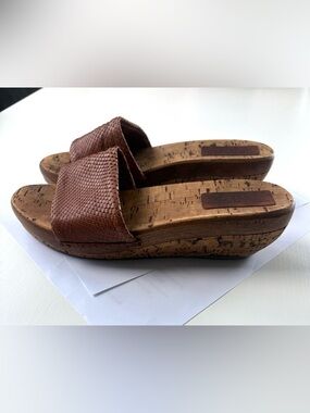 Maraolo leather upper/wooden bottom Women's Brown Cork Platform Slide Sandals